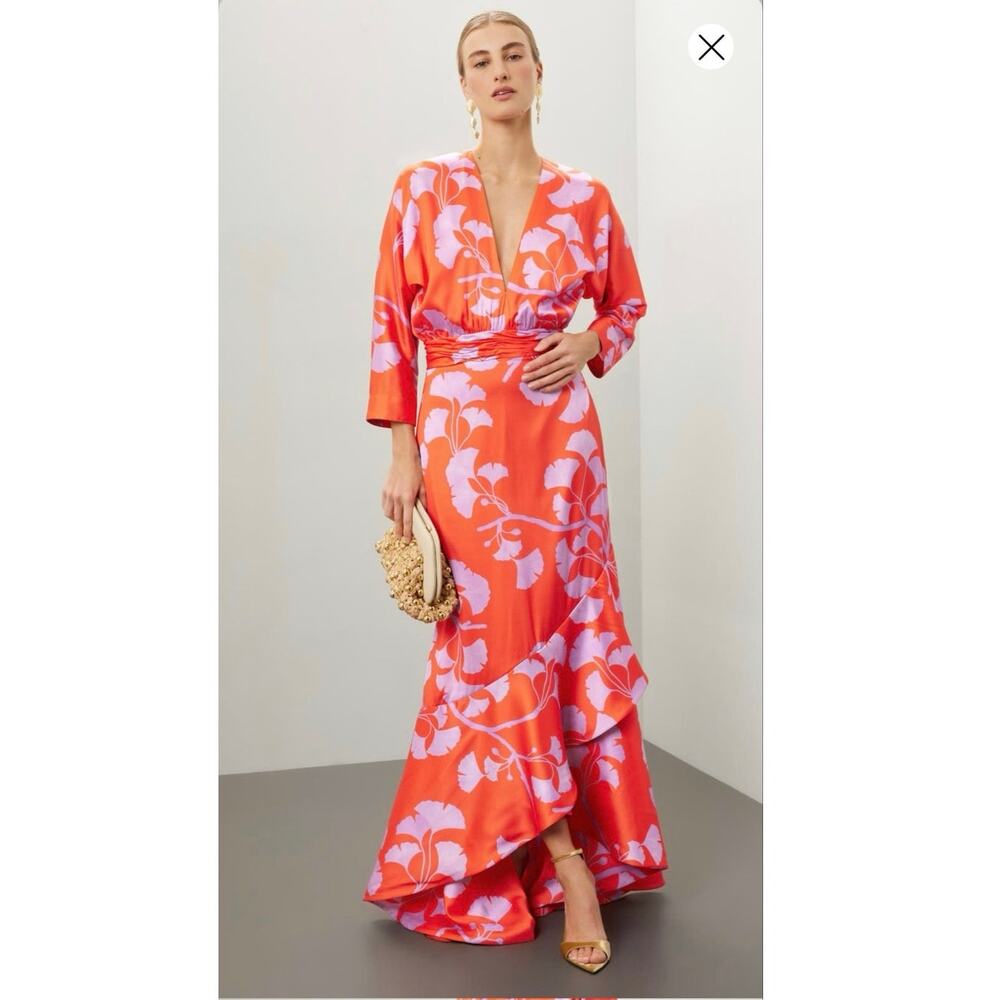 ANDRES OTALORA Orange Purple Floral V-Neck Heliconia Ruffle Satin Gown size 4